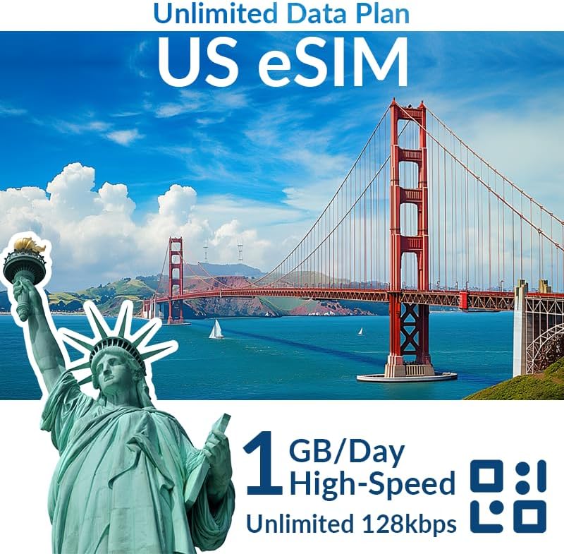 US Data Only eSIM,1GB Daily High-Speed Internet  Unlimited Data Compatible with T-MobileVerizon, 1-30 Days Flexible Plans - No CallsTexts, QR Instant Activation1GBDays-30D