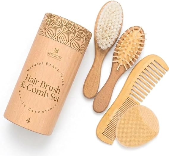 Wooden Baby Hair Brush Grooming Kit with Beech Wood Goat Hair Brush, Cradle Cap Brush, Silicone Scalp Massager, Ultra Soft Bristle Brush | Gender Neutral Newborn Hairbrush Set for Boy or Girl