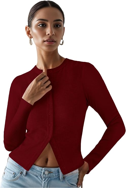 Ribbed Button Down Cardigan for Women, Long Sleeve Button Up Fall Knit Going Out Cropped Tops