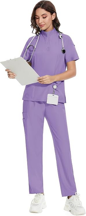niaahinn Scrub for Women Collar Neck Scrub Top & Yogga Waistband Cargo Pants, 4-Way Stretch,10 Pocket