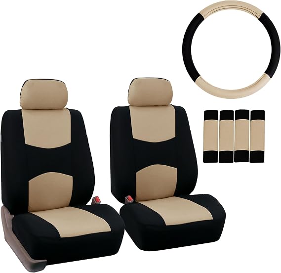 FH Group Car Seat Covers Flat Cloth Front Seats Only Beige Automotive Seat Cover, Airbag Compatible Universal Fit Interior Accessories Cars Trucks SUV Combo Steering Wheel Cover & Seat Belt Pads
