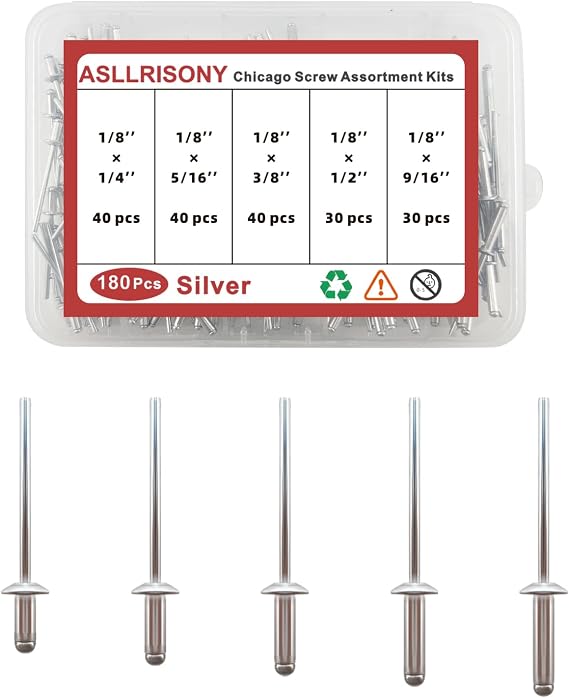 180Pcs Silver 1/8 Inches Pop Rivets Assortment Kit,5 Sizes Aluminum Rivets,Aluminum blind pro Rivets for DIY/Metal/Furniture/Instruments