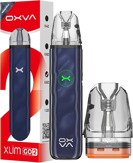 OXVA Xlim Go 2 Pod Kit 30W- 1500mAh Fast-Charging Battery, Adjustable Airflow, 2ml Leak-Resistant Pod, Compatible with Xlim V3 & EZ Pods, MTL & RDL Vaping- Nicotine Free (Metal Blue Kit)