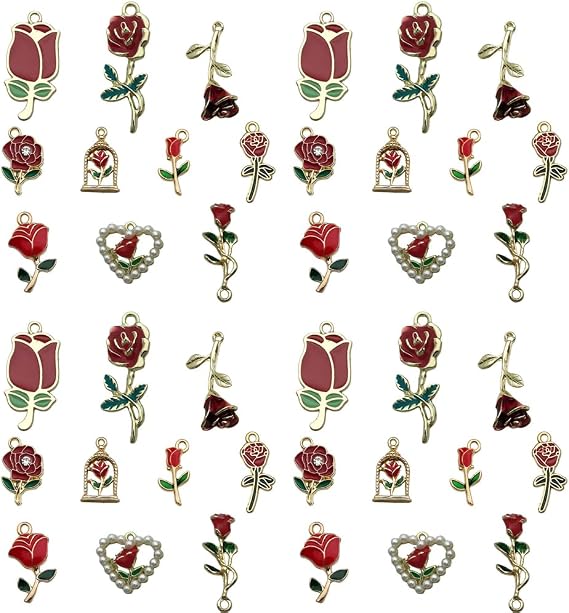 Sailanzi 20pcs Alloy enamel Valentine's Day series rose set Pendant Jewelry Making DIY Keychain Earrings Pendant Various Design Charms for Jewelry Making Bracelets Necklace (SN785)