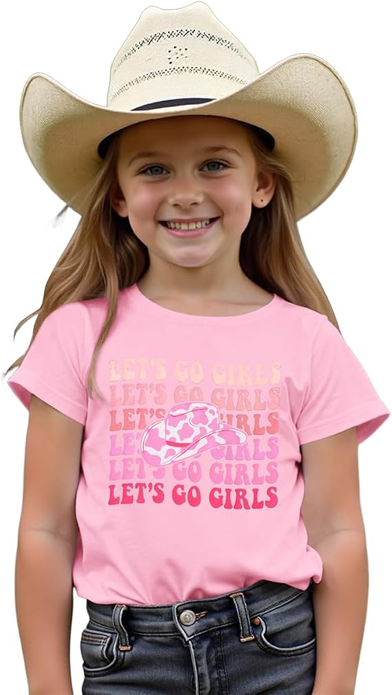 MODNTOGA Toddler Girl Leopard Cowboy Hat Graphic Tshirt Retro Western Cowgirl Shirt Let's Go Girls Print Short Sleeve Tee Top