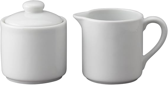 HIC Kitchen Contemporary Creamer And Sugar Bowl With Lid Set, Fine Porcelain, For Serving Sugar, Milk, Cream, Syrup, And Sauces, 3-Piece Set