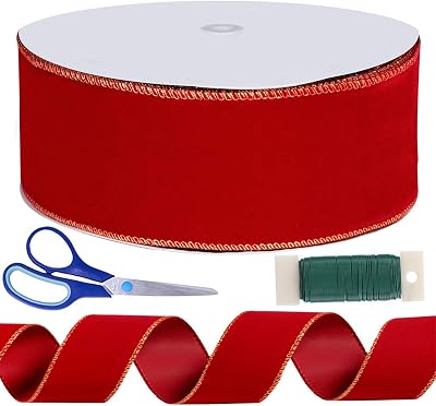Winlyn 50 Yards Christmas Red Velvet Gold Edge Wired Ribbon 2-12 Wide Large Xmas Ribbon Trim Gift Wrapping Bow Craft for Christmas Indoor Outdoor Tree Wreath Bows Clothing Party Gift Embellishment