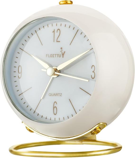 FLOITTUY Silent Table Analog Alarm Clock No Ticking, Lighted on Demand and Battery Operated, Beep Sounds, Small Desk Clock(White)