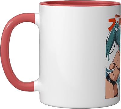 Waifu Sexy Anime Kissing Girls Horns Japanese Manga Style Ceramic Mug, RedWhite