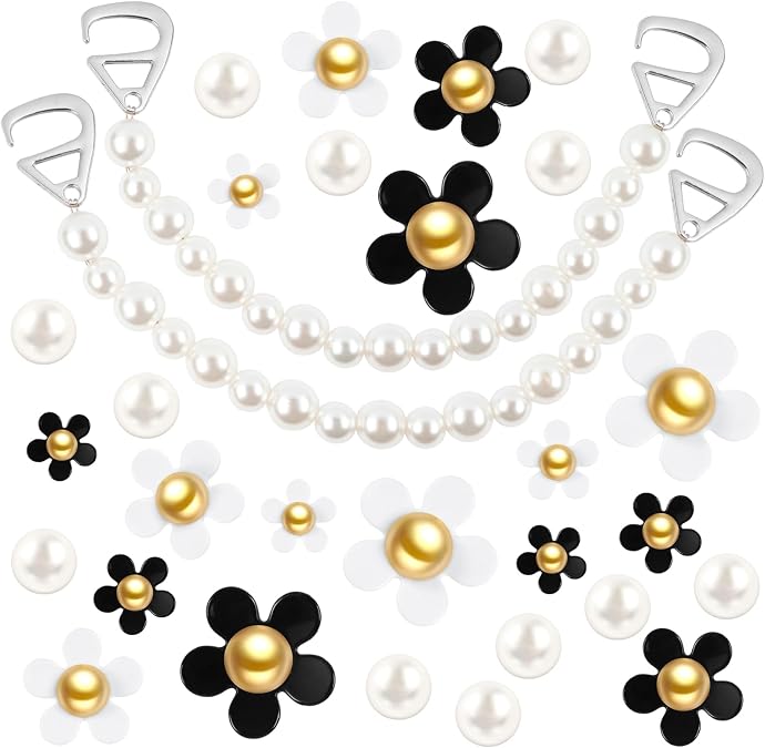 WYVAS 30 Pcs Bling Shoe Charms, Daisy Flower Shoe Charms Pearl Shoe Chain, Shoes Decoration Charm for Women Sandal Clog Accessories for Birthday Party Favors