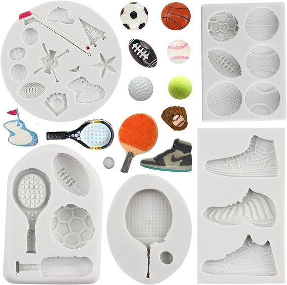 Ball Silicone Molds Football Baseball Basketball Rugby Tennis Fondant Mold Sneakers Sports Shoe Mold For Cake Decorating Cupcake Topper Candy Chocolate Gum Paste Polymer Clay Set Of 5