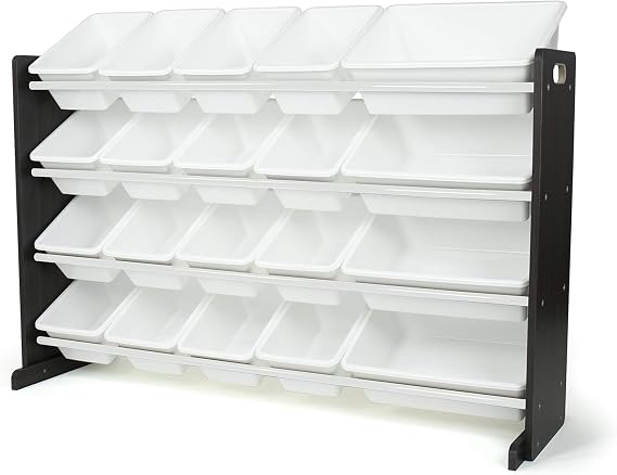 Humble Crew Kids Toy Organizer with 20 Bins, 4 Tier Storage for Playroom | Sturdy wood and steel toddler shelf, removable BPA-free containers, wall anchor anti-tip safety kit for bedroom or classroom