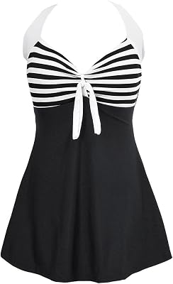 Womens Plus Size One Piece Swimsuit Halter Push Up Swimdress Cover up Bathing Suit Sailor Swimwear