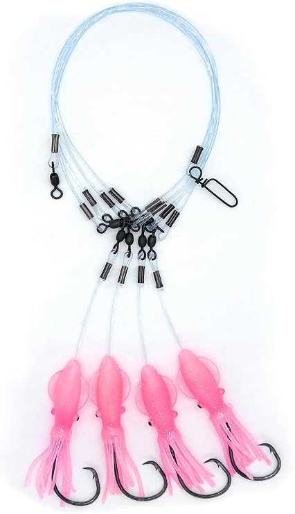 End Game Tackle Company Premium Deep Drop Rig, 4 Hook Deep Drop Fishing Rig with SolidSquidz, Excellent for Grouper, Golden Tilefish, Wreckfish, Bottom Fishing Rig (Glow Pink)