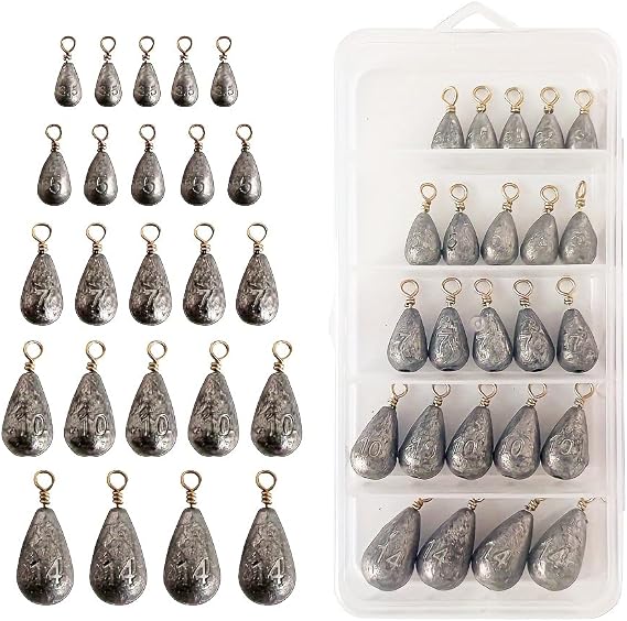 24pcs Teardrop Shaped Sinkers with Rings, Fishing Sinkers Set, 5 Sizes, Bass Casting Sinkers, Saltwater and Freshwater Fishing for Men
