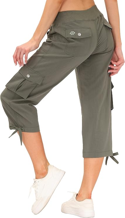 MoFiz Women's Cargo Capris Lightweight Travel Hiking Pants with 6 Pockets