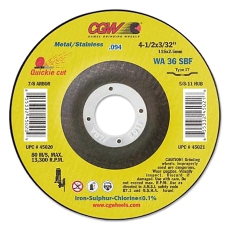 Abrasives 421-45020 Aluminum Oxide Type 27 Depressed Center Cutoff Wheel, 4 1/2", 3/32", 36 Grit, 7/8", 13300 rpm, White