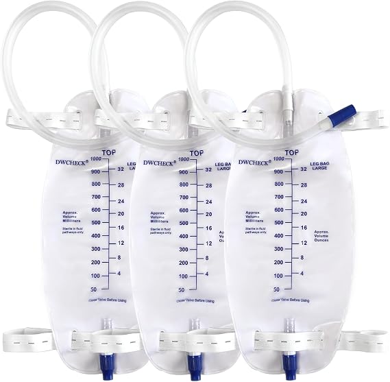 3 Pack Leg Bag Urinary Drainage Bag,1000 ml Catheter Leg Bag with 18" Tubing,Adjustable Cloth Straps,Anti-Reflux Chamber,Splash-Resistant Drain Valve,Latex-Free,Disposal