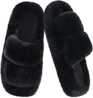 COFACE Womens Fuzzy Slippers Memory Foam Open Toe Slip On House Shoes Size 5-11