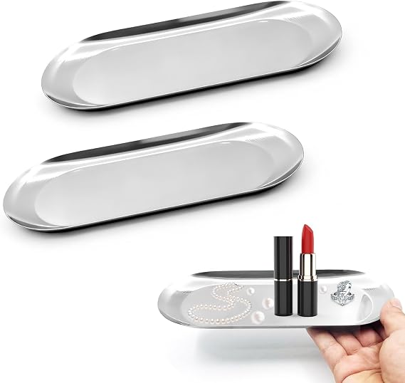 2 Pcs Stainless Steel Decorative Oval Trays, 22CM Length, Silver: Modern Jewelry Dish Cosmetics Storage Organizer, Towel Napkin Tray, Bathroom Platter