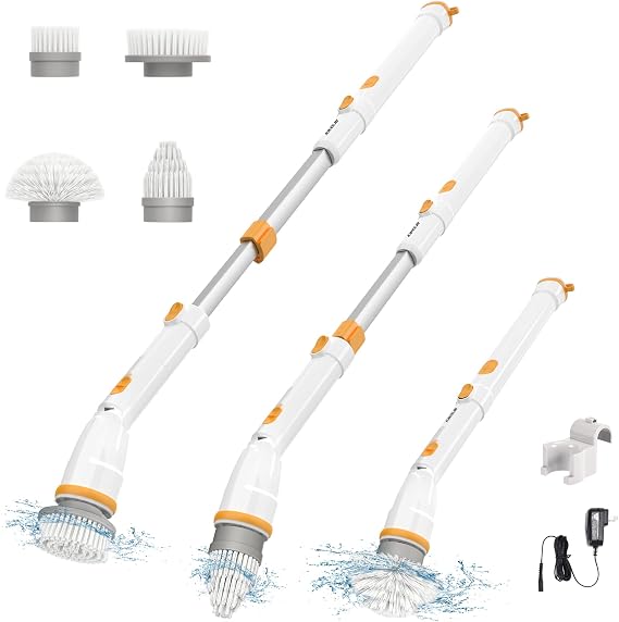 Electric Spin Scrubber, KIKOLIN 380RPM High Speed Power Scrubber, Cordless Cleaning Brush 2 Speeds for Bathroom, Tub, Shower, Floor with 4 Replaceable Brush Heads and Adjustable Extension Long Handle