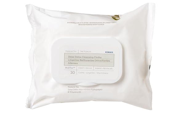 KORRES Olympus Tea Deep Detox Cleansing Cloths, Face & Makeup Remover Wipes, Purifying Skin Care for Women & Men, Disposable, Vegetarian, Made in Greece, 30 Count