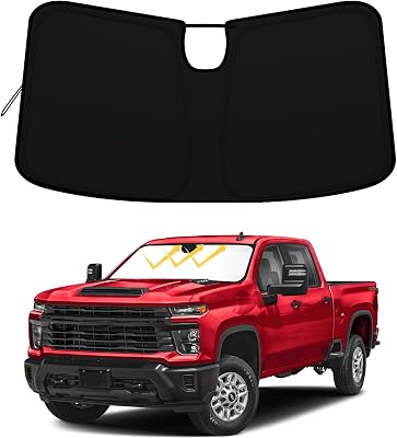 Windshield Sun Shade for 2023-2026 Chevy SilveradoGMC Sierra 1500, 2024-2026 SilveradoSierra 2500HD 3500HD & 2022 Refreshed Model, Fully Covered Foldable Front Sun Shade, Blocks UV Rays and Heat