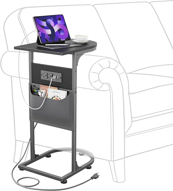 C Shaped End Table, Couch Side Table with Charging Station for Small Spaces