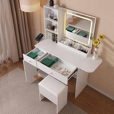 35.4 Vanity Desk with Mirror and Light, Vanity Set with Charging Station, Makeup Vanity Desk with Drawers and Large Storage Cabinet for Bedroom, 3 Lighting Modes Adjustable Brightness, Storage Stool