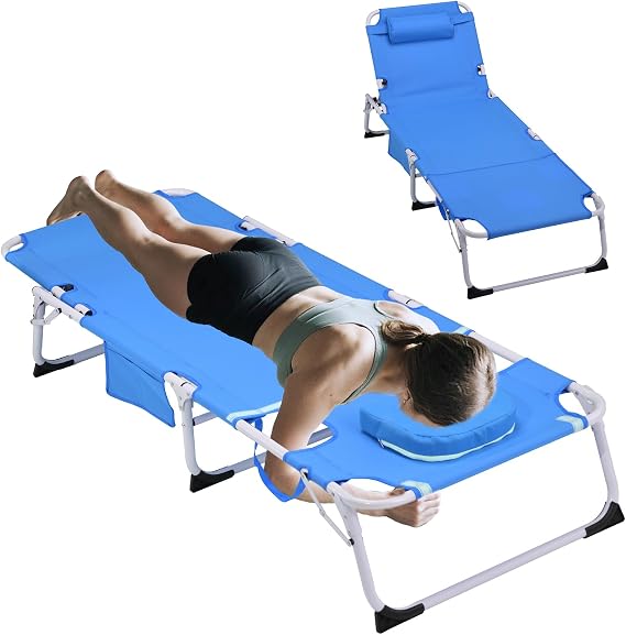 3-in-1 Oversized Sun Tanning Chair with Mat & Face Hole, Heavy Duty Folding Chaise Lounge - 5-Position Adjustable Outdoor Chair for Beach, Pool, Patio, Lawn, Yard - Includes Pillow