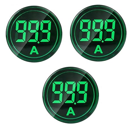 3pcs Digital Display AC Current Indicator, 22mm Round Head LED Current Tester 0~100A Ammeter Monitor (Green)