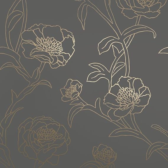 Tempaper Noir & Metallic Gold Peonies Removable Peel and Stick Floral Wallpaper, 20.5 in X 16.5 ft, Made in The USA