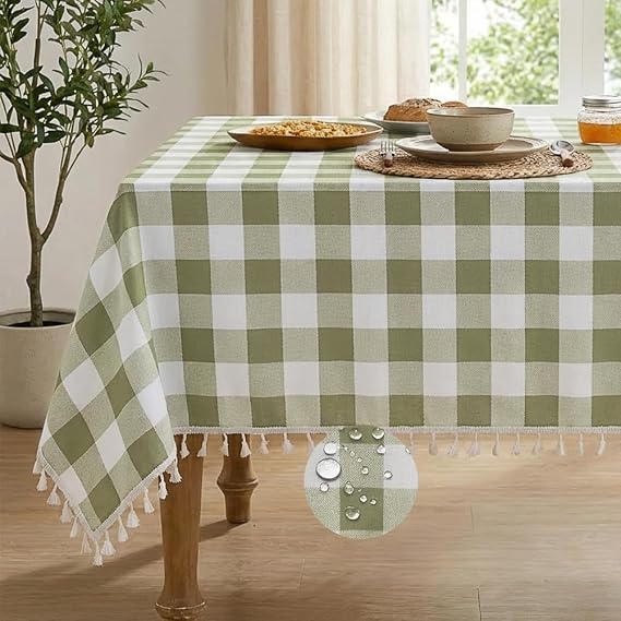 Deep Dream Water-Resistant Checkered Tablecloth Rectangle, Cotton Linen Gingham Table Cloth with Tassel, Wrinkle Free Buffalo Plaid Table Cover for Picnic Kitchen Dining Room - 55 x 70 Inch, Green