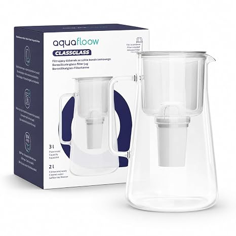 Aquafloow Glass Water Filter Jug 3L, borosilicate glass, BPA-free, premium design, dishwasher safe, incl. filter cartridge – for drinking water, reduces limescale and chlorine, white