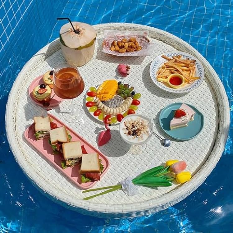 Extra Large Deluxe Floating Tray for Pool, Floating Bar for Pool, Rattan Wove Swimming Pool Floats for Adults Color : Round-white-60cm24in