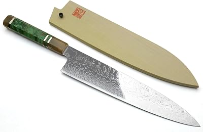 Yoshihiro Damascus SG2 R2 Semi-Stainless Gyuto Chefs Knife 10.5 270mm, Stabilized Maple Burl Handle & Triple Ring