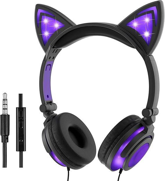 Olyre Kids Headphones with Light up cat Ears On Ear LED Kitty Headphones with Mic for Kids Boys Girls Children Wired Headset for School Learning Tablet (Purple)