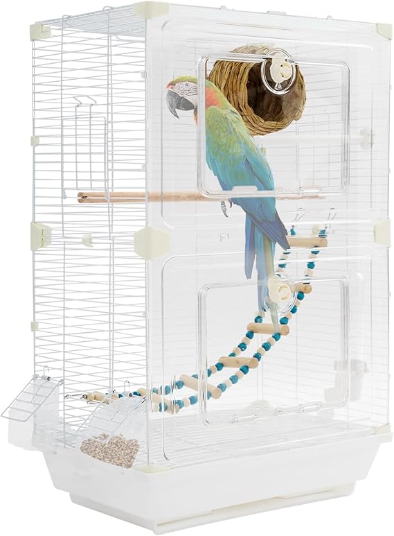 Bird Cage for Small Medium Birds, 15.7x11x24.8 Inch White Flight Cage with Nest, Ladder, Perch & 2 Feeding Bowls, Acrylic Front Freestanding Birdcage for Parrots Lovebirds