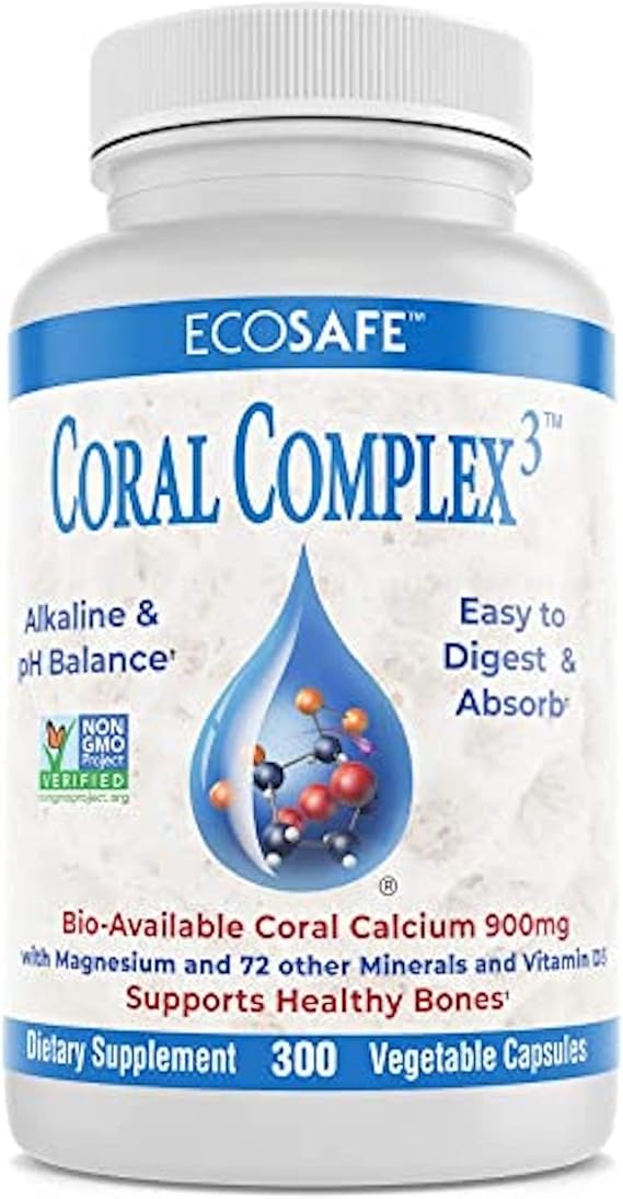 Coral Complex 3 Calcium Supplement Vitamin D3 & Magnesium 900 mg Bioavailable Coral Calcium for Bone Strength, Joint Support & pH Balance Trace Minerals, Non-GMO, 300 Veg Capsules