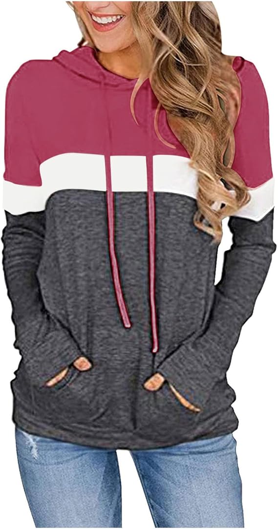 pbnbp Women's Loose Fit Long Sleeve Blouses Pullover Drawstring Hooded Cute Shirts Kangaroo Pockets Fall Daily Wear Color Block Sweatshirts Sudaderas A02_dark Gray