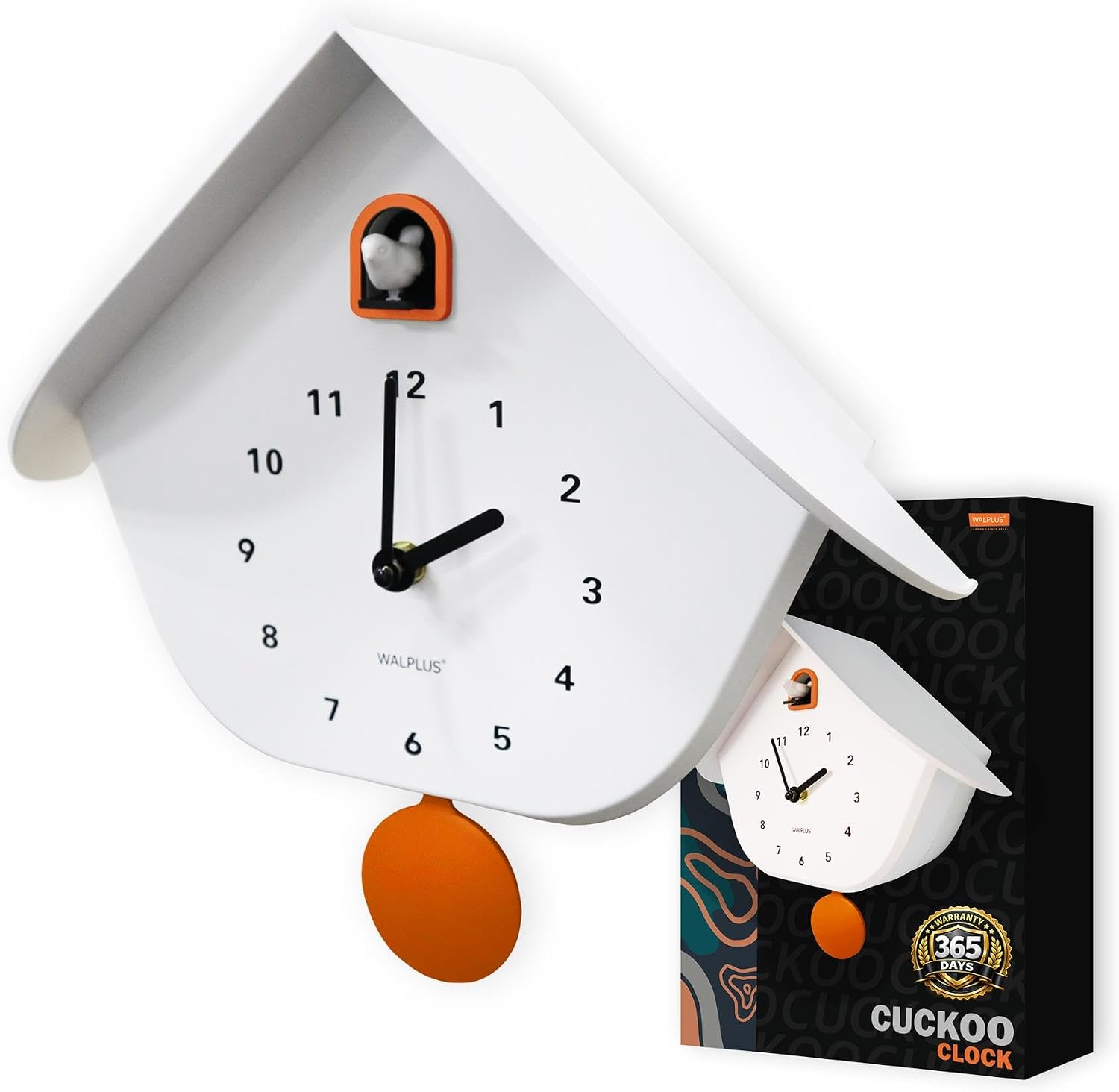 WALPLUS White Matte Cuckoo Clock with Orange Window & Pendulum (32.5cm) - Birdhouse Style, Removable Pendulum