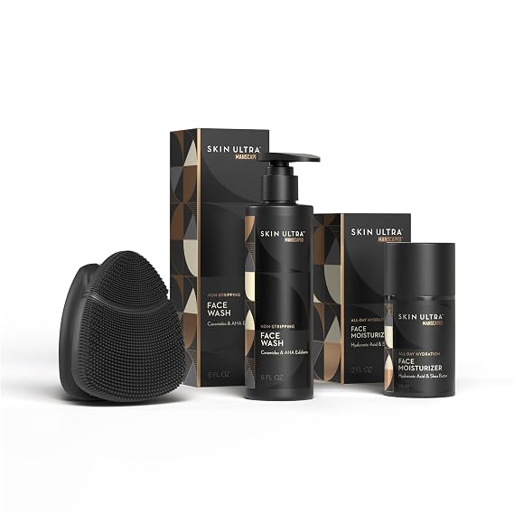 MANSCAPED Skin UltraTM Starter Kit - Men's Daily Skincare Routine with Face Buffer PRO Electric Silicone Scrubber, Exfoliating Face Wash with Ceramides, Facial Moisturizer Infused with Hyaluronic Acid