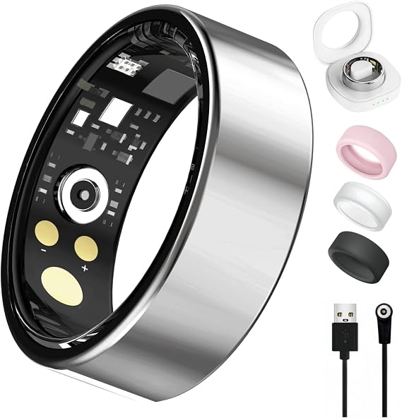 Smart Ring for Women Men, Health Tracker with Heart Rate/Blood Oxygen/Blood Pressure/Sleep Monitoring/Step Counting, IP68 Waterproof Fitness Ring, No App Fees for iPhone & Android (Silver, 14#)