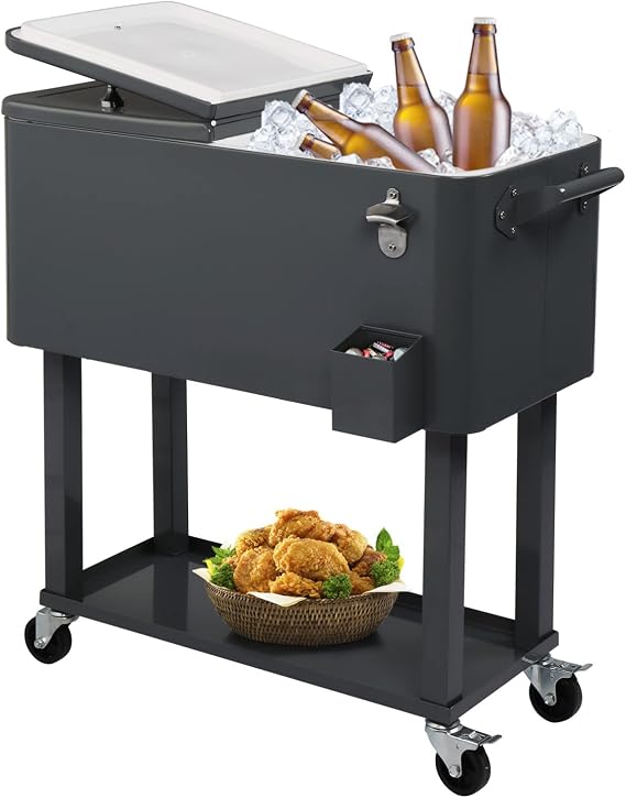 SSLine Portable Rolling Patio Cooler Ice Chest with Wheels Outdoor Cold Drink Beverage Bar Cart with Storage Shelf & Bottle Opener Home Deck Backyard Party Cooler Tub Trolley Cart