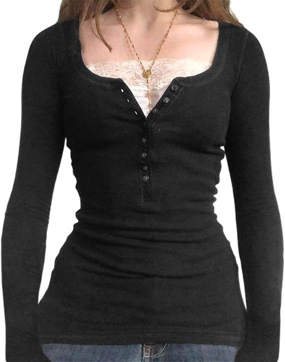 Women Y2k Fairy Grunge Tops Long Sleeve Lace Trim V Neck Shirt Vintage Aesthetic Button Up Top Teen Girls Fitted Blouse