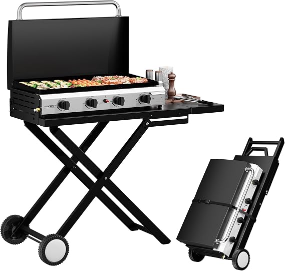 ROVSUN 4 Burner Foldable Propane Griddle with Wheels, Enameled Tray & Lid, 40000 BTU Portable Rolling Flat Top Gas Grill with Electronic Ignition & Regulator for Outdoor Cooking Camping BBQ Tailgating
