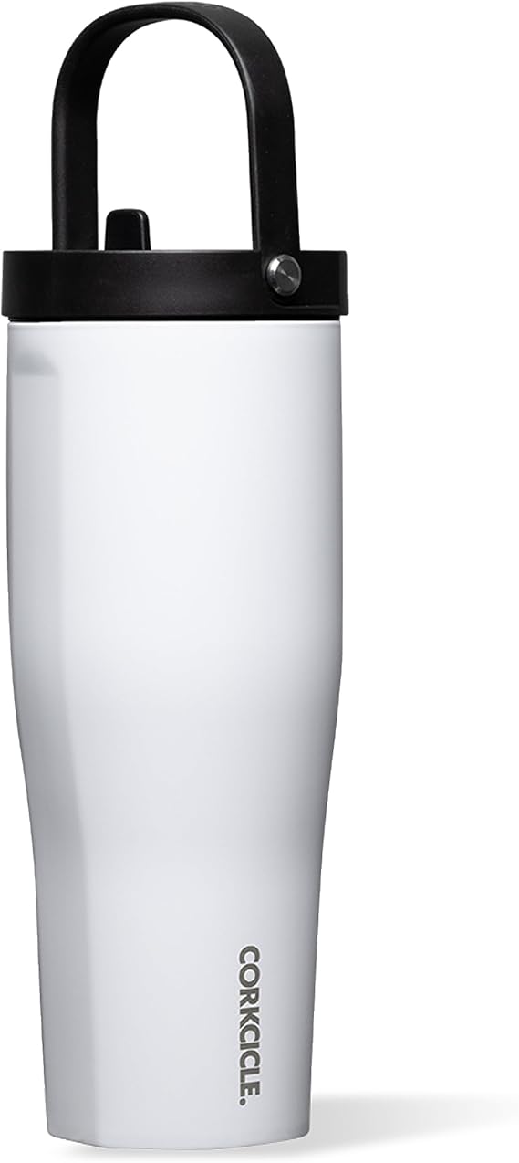 Corkcicle Go Cup XL - Leak-Proof Travel Tumbler - Triple Insulated Stainless Steel Water Bottle - Easy-Carry Handle - Summer Drinkware Gift - Keeps Drinks Ice Cold - 30 oz - Gloss White