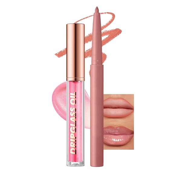 Pink Lip Liner and Gloss Lip Kit, Waterproof Long-Lasting Combo Set with Matte Lip Liner Pencil and Non-Sticky Pluming Tinted Gloss, Highly Pigmented Lipliner Set for Women (01 Light Pink)
