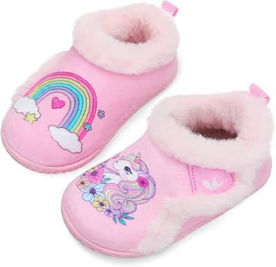 JIASUQI Kids Girls Boys Memory Foam Winter Warm Cozy Fur House Slippers Casual Walking Shoes Plush Pink Horse 7-8 Toddler