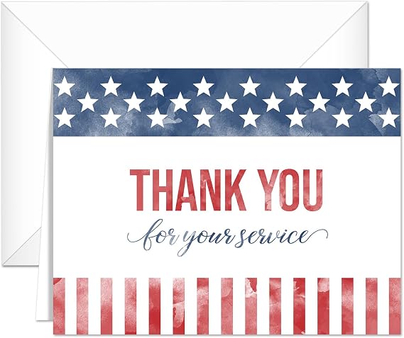 Patriotic Thank You For Your Service Cards / 125 Bulk Stars And Stripes Military Gratitude Greeting Cards With White Enevelopes / 4 1/4" x 5 1/2" Red White And Blue American Thank You Note Cards / Made In The USA